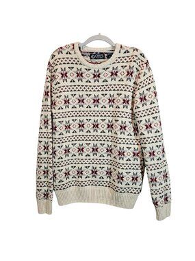 Chaps Fair Isle Knit Sweater Red Gray Snowflake Pattern Mens M Cotton Wool Blend
